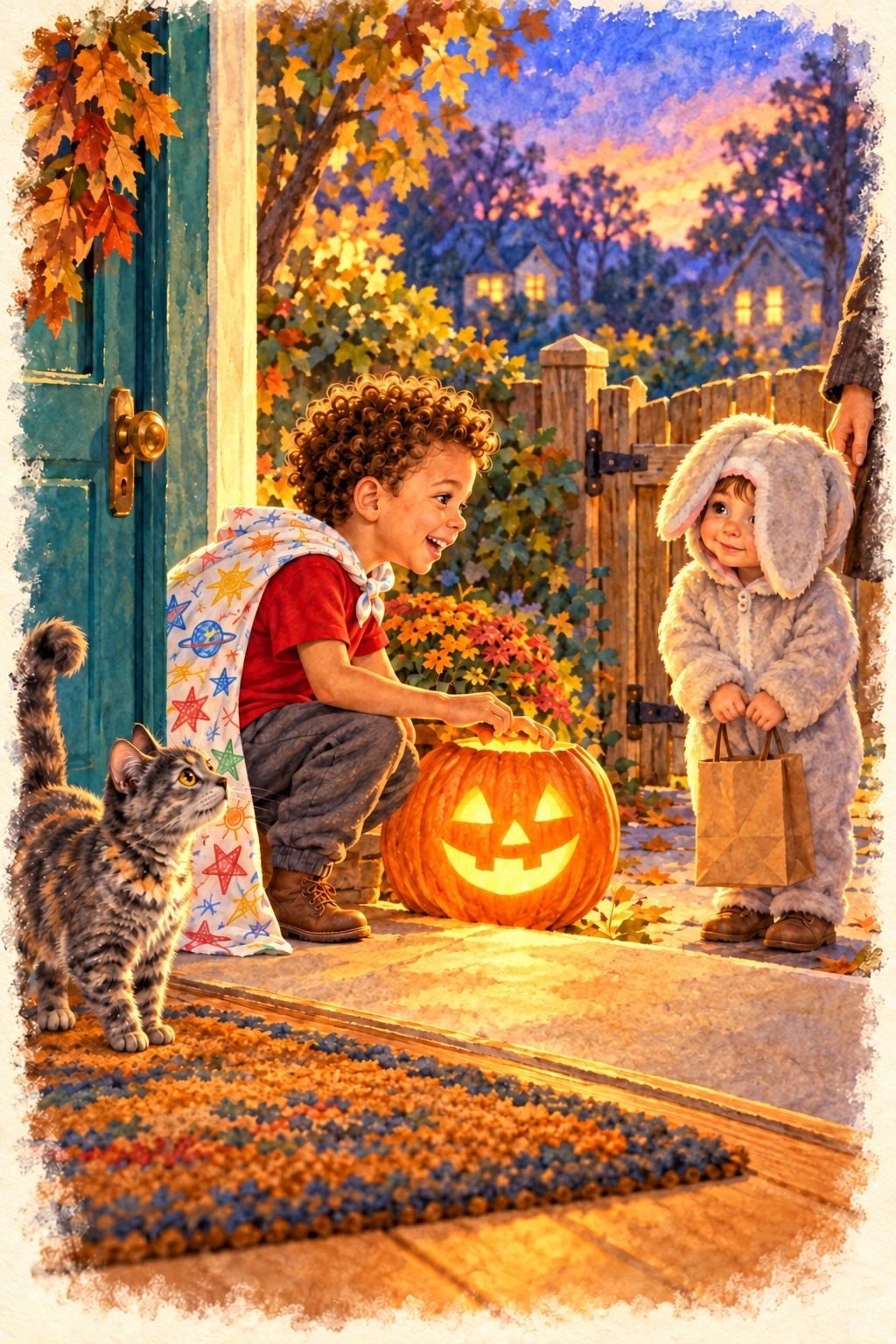 A little trick-or-treater in a rabbit hood waits at the gate.