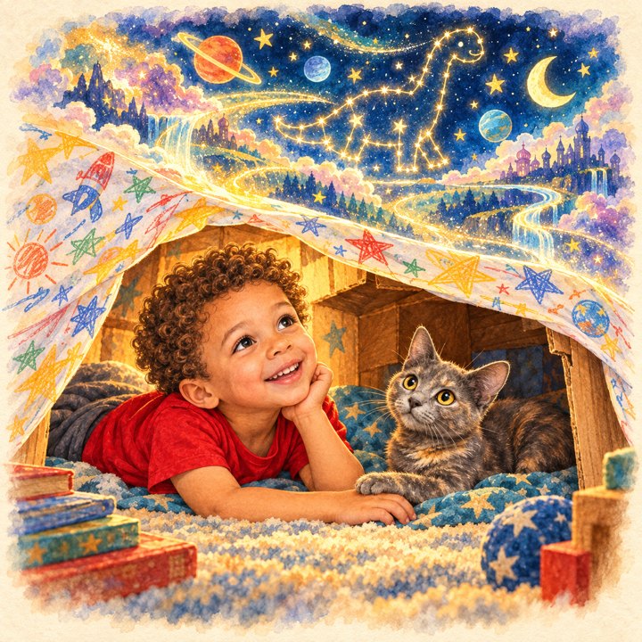 Johannes and Stella share a blanket fort beneath an imagined star-filled universe